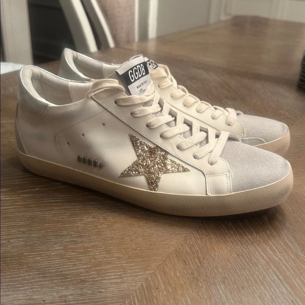 GG Collection Cream and Grey Gold Star Sneakers - Picture 2 of 8